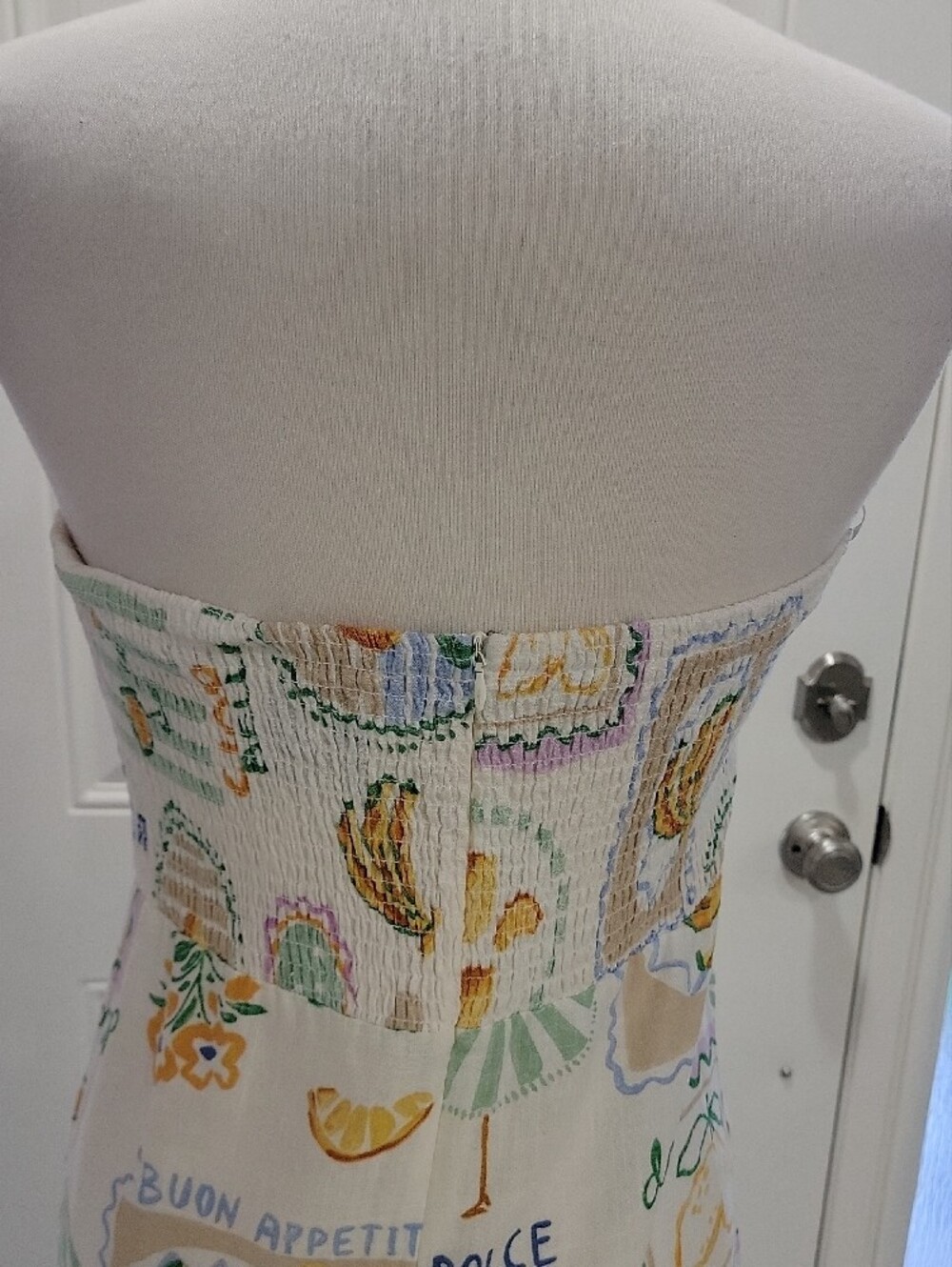 Strapless Linen Blend Pastel Print Maxi Dress - White & Yellow - Picture 6 of 10